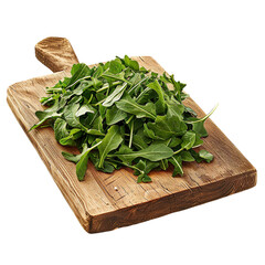 Wall Mural - Front view of a pile of cut dandelion greens on a wooden chopping board isolated on a white transparent background