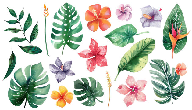 A collection of detailed tropical leaves and flowers on isolated background