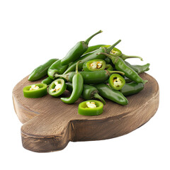 Wall Mural - Front view of a pile of cut serrano peppers on a wooden chopping board isolated on a white transparent background