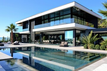 Wall Mural - A modern house with a pool, ideal for real estate or vacation concepts