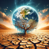 Fototapeta Do pokoju - Dry tree, cracked land and earth. Global Warming nature disaster concept