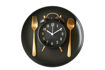 The alarm clock on a black plate with fork and knife isolated on a transparent background