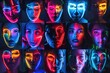© Fotograf - A group of people with neon lights on their faces. Suitable for social media posts