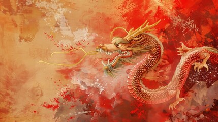 Wall Mural - Chinese background with Wood dragon for New Year, wood red surface