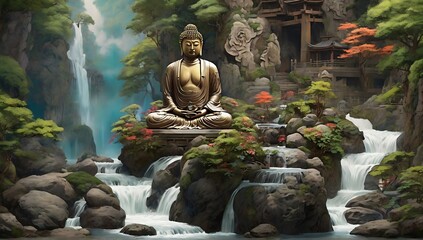 Buddha statue beside a river with a waterfall, Vasek background, Buddha Purnima, made with AI Generative