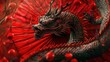 Chinese dragon amidst a whirl of red fans and an artistic background