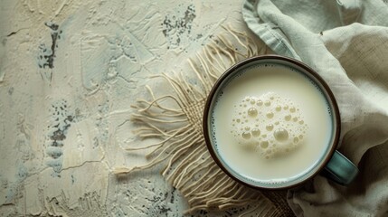 Sticker - Cup of hot milk on a light wooden background. Top view.