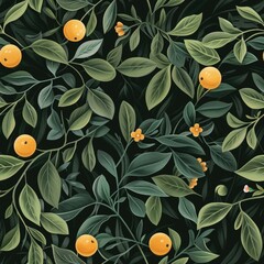 Wall Mural - Vibrant pattern of oranges and leaves on a dark background. Suitable for food and nature-themed designs