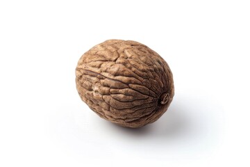 A close-up shot of a single walnut shell on a plain white background. Suitable for various design projects