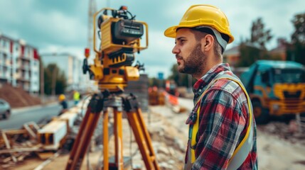 Wall Mural - Construction worker with safety gear standing by equipment. Suitable for industrial concepts