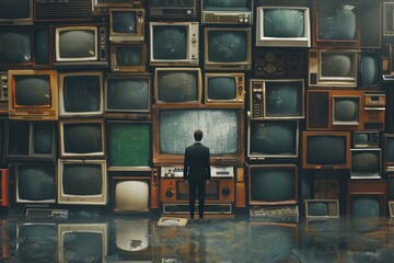 Wall Mural - A man standing in front of a wall of old televisions. Suitable for technology and entertainment concepts