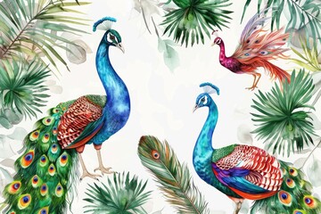 Wall Mural - A group of peacocks standing together. Ideal for wildlife and nature concepts