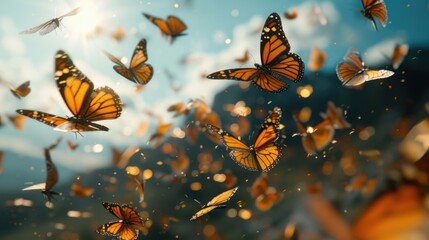 Poster - A beautiful scene of colorful butterflies flying freely. Perfect for nature and wildlife projects