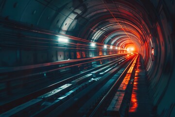 Poster - A train moving through a lighted tunnel, suitable for transportation themes