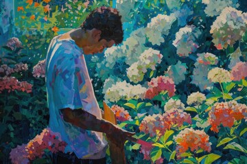 Canvas Print - A man standing in front of a bush of colorful flowers. Suitable for various nature and gardening concepts