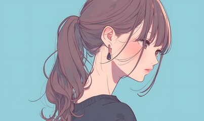 Wall Mural - anime style. Cute young woman with ponytail style on a simple one color background, Generative AI