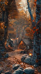 Wall Mural - Cozy camping in the fall woods