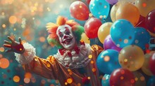 Clown In Colorful Costume Juggling Balloons On A Bokeh Background