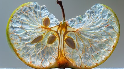   A macro of a fruit resembling a butterfly's wing, set against a muted backdrop of gray sky