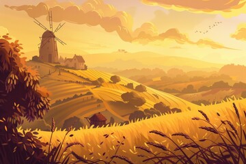 Poster - A peaceful painting of a rural landscape with a windmill. Suitable for various design projects