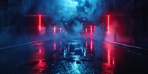 Wall Mural - an empty dark stage with neon spotlights, a studio room with smoke