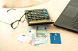 laptop, bank cards and cash on the table. online shopping. banking services