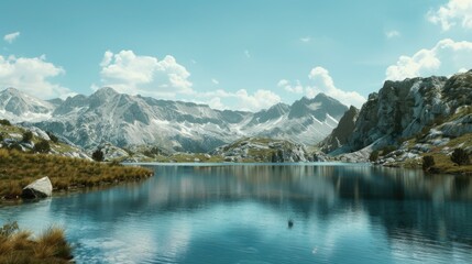 Canvas Print - Scenic view of a mountain lake, perfect for travel websites or nature blogs