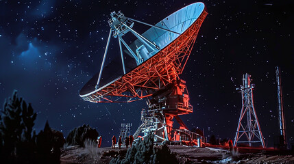 design a mesmerizing long shot depicting a team of scientists huddled around a massive satellite dis