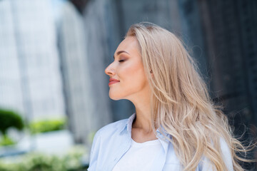 Sticker - Photo of pretty adorable sweet good mood girl enjoying fresh air sunny nice spring weather outdoors