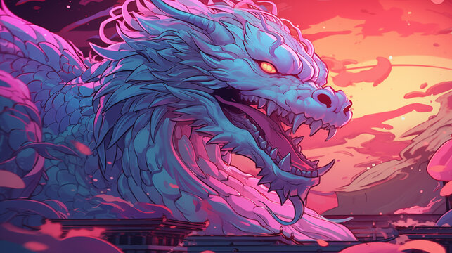 Fierce dragon over traditional asian architecture 2D cartoon illustration. Mythical presence lofi wallpaper background lo-fi art. Vibrant sunset fantasy flat image cozy chill vibe