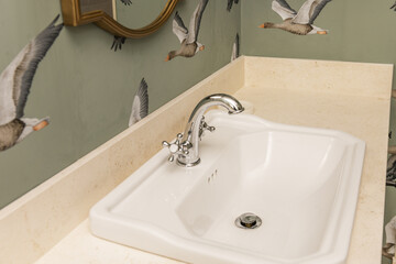 A vintage-style porcelain sink with chrome faucet and cream marble countertop