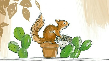 Sticker -   A squirrel sits atop a potted plant surrounded by cacti and succulents in a drawing