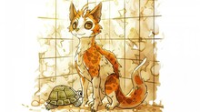   A Cat Resting Beside A Tortoise On A Tiled Surface Before A Tiled Backdrop