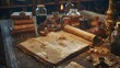 © JP STUDIO LAB - Detailed view of ancient alchemical texts and tools with a small furnace transforming substances into gold, emphasizing the blend of science and mysticism in alchemy
