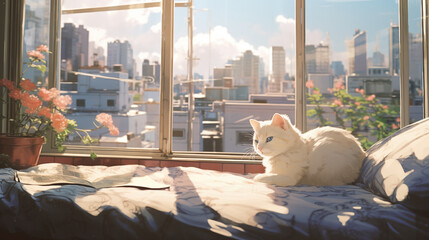 Poster - Fluffy white cat sits by open window cityscape view 2D cartoon illustration. Sunny day lofi wallpaper background lo-fi art. Blooming flowers, bright daylight flat image cozy chill vibe