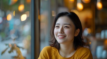 Poster - Smiling woman in yellow enjoying a moment at a cozy cafe. Casual lifestyle portrait with a modern ambiance. Capturing urban life and happiness. AI