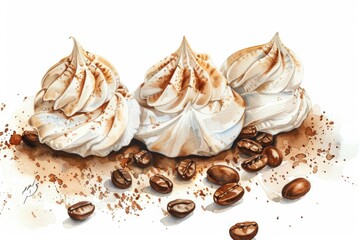 Sticker - A realistic painting of coffee beans and whipped cream. Perfect for coffee shops and cafes