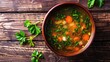 Vegetable soup with parsley in bowl on wooden background. Top view