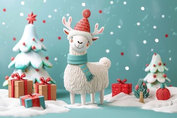 Wall Mural - Festive white llama wearing a Christmas hat and scarf, perfect for holiday designs