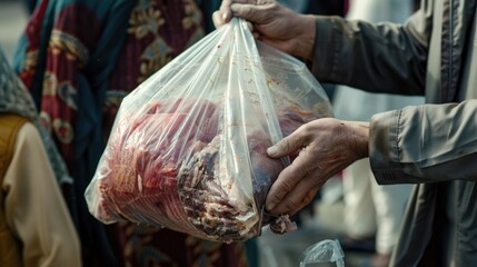 Canvas Print - A man holding a bag of meat. Suitable for food industry concept