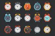 Various colored clocks on a dark backdrop, suitable for time management concepts