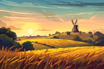 Poster - A picturesque painting of a windmill in a golden wheat field. Suitable for agricultural themes or countryside landscapes