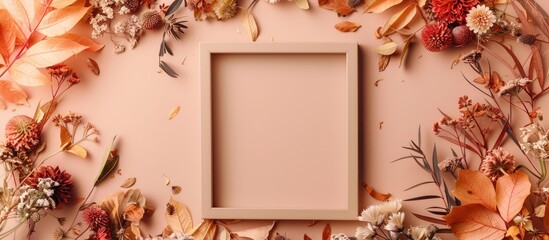 Canvas Print - Autumn-themed arrangement featuring a photo frame surrounded by dried flowers and leaves against a soft beige backdrop. Depicting the essence of fall, with a flat lay presentation, top-down view