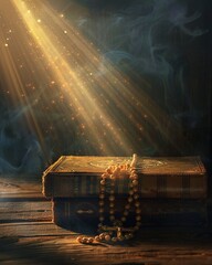 Sunbeam illuminating a religious book and rosary, creating a serene and spiritual reading moment