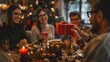 © Irina Ukrainets - Joyful Friends Sharing Gifts at a Festive Table. Seasonal Celebration Concept. Holiday Gathering in Warm, Blurred Ambiance. Welcoming Home Party. AI