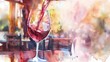 Red wine being poured into a glass in watercolor illustration.