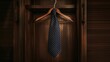 Striped necktie on a wooden hanger against a dark wood background. Fashion and business attire concept.