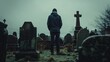 Person standing in a cemetery on a foggy day. Moody and somber atmosphere.
