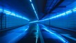 Modern tunnel with blue LED lights. Architecture and futuristic design concept.