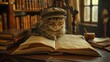Image of a cat dressed in an academic hat, perched on an antique writing desk.